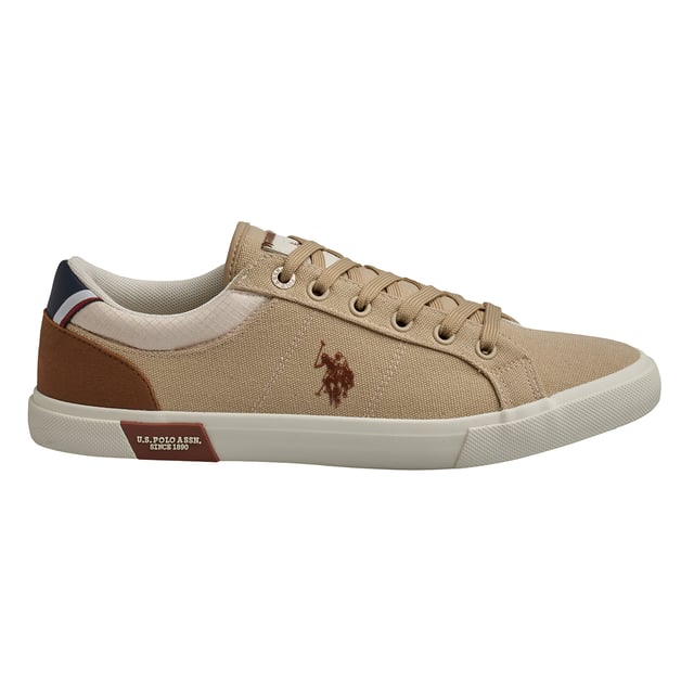 These US Polo Assn. sneakers combine casual style and everyday comfort. With a versatile design and iconic brand details, they're ideal for a relaxed look without losing personality.\n\n Details:\n - Durable canvas upper with reinforcements in key areas; some models come with leather, synthetic leather, and suede combination uppers.\n - Padded textile inner lining for greater comfort.\n - Flat laces and metal eyelets for a secure fit.\n - Non-slip rubber sole with institutional detail on the side.\n - Logo on the side as a distinctive seal.\n\n A comfortable and timeless option for those looking for lightweight footwear with a sporty style and urban essence. These men's casual sneakers are perfect for completing a casual look with the authentic seal of the US Polo Association.\n Composition: Exterior: Leather, Textile, Suede; Interior: Textile; Sole: Synthetic\n Care:\nClean with a soft brush and neutral soap.\n Avoid machine washing.\n Air dry, away from direct sunlight.