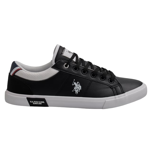 Inspired by the tradition of sport, designed for urban style.\n\n The US POLO ASSN. sneakers offer a clean design that pairs perfectly with any athletic outfit.\n The faux leather upper adds style and structure, while the non-slip rubber sole ensures a secure footing. They feature the brand's logo on the side and contrasting details for a distinctive finish.\n\n Details:\n - Upper in smooth, durable and easy-care synthetic leather.\n - Contrast padded collar with mesh texture for added comfort.\n - Lace-up closure with metal eyelets for a secure fit.\n - US Polo Assn. institutional logo on the side, tongue, and sole.\n - White vulcanized rubber sole with reinforced toe and branded side detail.\n\n A sporty offering that combines functionality and style. Perfect for those seeking everyday performance with a modern and recognizable design.\n Composition: Exterior: Synthetic leather, Interior: Textile; Sole: Synthetic\n Care:\nClean with a soft brush and neutral soap.\n Avoid machine washing.\n Air dry, away from direct sunlight.