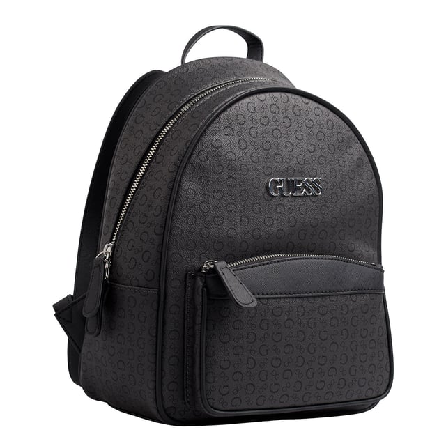This Guess backpack features a contemporary design with an all-over Guess monogram print, ideal for those seeking a modern look with a visual identity. Its compact and functional silhouette makes it a practical everyday option, while still maintaining Guess's signature urban style.

 - Accessory type: Backpack.
 - Material: Synthetic leather-like material.
 - Texture: Monogram print with grained finish.
 - Hardware: Silver-tone metal.
 - Exterior details: Metallic Guess logo and front zipper pocket.
 - Interior details: Main compartment with zipper closure, interior organizing pockets.
 - Top handle for carrying by hand.
 - Adjustable rear straps.

 Guess reinterprets the classic backpack with a design that stands out for its personality. A perfect piece to accompany you to work, school, or on your urban adventures with a distinctive and functional touch.
 Measures: 25 x 32 x 12 cm
 Composition: 100% Polyurethane
 Care:
Clean with a soft, slightly damp cloth.
 Do not use abrasive products or detergents.
 Avoid prolonged exposure to the sun or extreme humidity.
