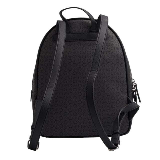 This Guess backpack features a contemporary design with an all-over Guess monogram print, ideal for those seeking a modern look with a visual identity. Its compact and functional silhouette makes it a practical everyday option, while still maintaining Guess's signature urban style.

 - Accessory type: Backpack.
 - Material: Synthetic leather-like material.
 - Texture: Monogram print with grained finish.
 - Hardware: Silver-tone metal.
 - Exterior details: Metallic Guess logo and front zipper pocket.
 - Interior details: Main compartment with zipper closure, interior organizing pockets.
 - Top handle for carrying by hand.
 - Adjustable rear straps.

 Guess reinterprets the classic backpack with a design that stands out for its personality. A perfect piece to accompany you to work, school, or on your urban adventures with a distinctive and functional touch.
 Measures: 25 x 32 x 12 cm
 Composition: 100% Polyurethane
 Care:
Clean with a soft, slightly damp cloth.
 Do not use abrasive products or detergents.
 Avoid prolonged exposure to the sun or extreme humidity.
