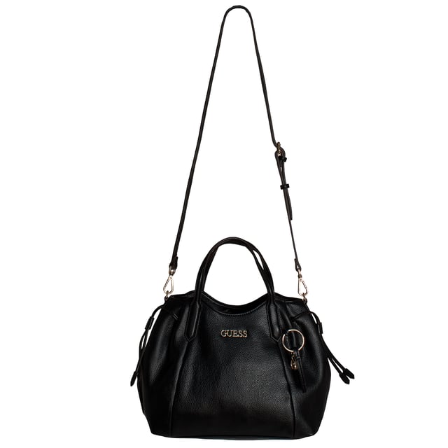 The Guess satchel combines sophistication and functionality in a timelessly elegant silhouette. Its structured design with top handles and an adjustable strap makes it a versatile everyday option. The metallic logo charm and thoughtful details complete a piece that adds distinction to any look.\n\n - Accessory type: Satchel bag.\n - Material: Synthetic leather-like material.\n - Texture: Granular.\n - Hardware: Silver-tone metal.\n - Exterior details: Front metal logo and decorative pendant with Guess charm.\n - Interior details: Main compartment with zipper closure and organizing pockets.\n - Rigid top handles.\n - Adjustable and removable strap for shoulder or cross-body carrying.\n\n Guess focuses on designs that stand out for their balance of style and utility. This satchel is the perfect option for those looking for a refined, spacious, and comfortable piece to elegantly accompany their days.\n Measures: 34 x 21 x 11 cm\n Composition: 100% Polyurethane\n Care:\nClean with a soft, slightly damp cloth.\n Do not use abrasive products or detergents.\n Avoid prolonged exposure to the sun or extreme humidity.