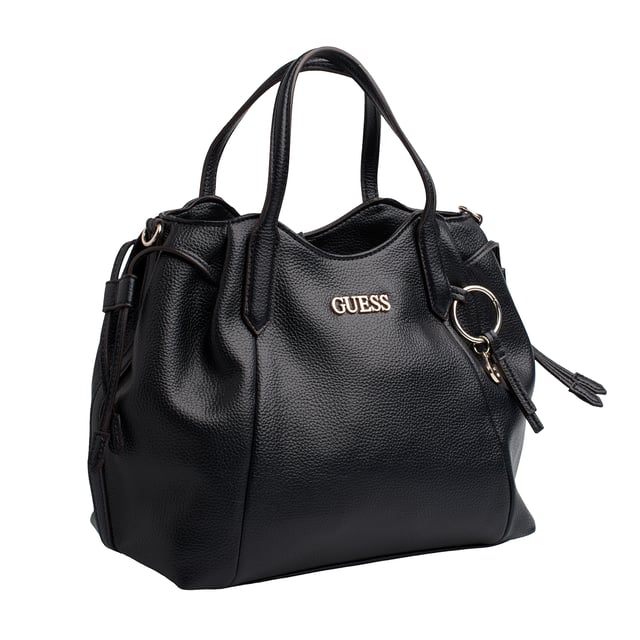 The Guess satchel combines sophistication and functionality in a timelessly elegant silhouette. Its structured design with top handles and an adjustable strap makes it a versatile everyday option. The metallic logo charm and thoughtful details complete a piece that adds distinction to any look.\n\n - Accessory type: Satchel bag.\n - Material: Synthetic leather-like material.\n - Texture: Granular.\n - Hardware: Silver-tone metal.\n - Exterior details: Front metal logo and decorative pendant with Guess charm.\n - Interior details: Main compartment with zipper closure and organizing pockets.\n - Rigid top handles.\n - Adjustable and removable strap for shoulder or cross-body carrying.\n\n Guess focuses on designs that stand out for their balance of style and utility. This satchel is the perfect option for those looking for a refined, spacious, and comfortable piece to elegantly accompany their days.\n Measures: 34 x 21 x 11 cm\n Composition: 100% Polyurethane\n Care:\nClean with a soft, slightly damp cloth.\n Do not use abrasive products or detergents.\n Avoid prolonged exposure to the sun or extreme humidity.