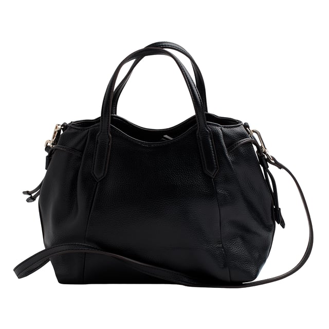 The Guess satchel combines sophistication and functionality in a timelessly elegant silhouette. Its structured design with top handles and an adjustable strap makes it a versatile everyday option. The metallic logo charm and thoughtful details complete a piece that adds distinction to any look.\n\n - Accessory type: Satchel bag.\n - Material: Synthetic leather-like material.\n - Texture: Granular.\n - Hardware: Silver-tone metal.\n - Exterior details: Front metal logo and decorative pendant with Guess charm.\n - Interior details: Main compartment with zipper closure and organizing pockets.\n - Rigid top handles.\n - Adjustable and removable strap for shoulder or cross-body carrying.\n\n Guess focuses on designs that stand out for their balance of style and utility. This satchel is the perfect option for those looking for a refined, spacious, and comfortable piece to elegantly accompany their days.\n Measures: 34 x 21 x 11 cm\n Composition: 100% Polyurethane\n Care:\nClean with a soft, slightly damp cloth.\n Do not use abrasive products or detergents.\n Avoid prolonged exposure to the sun or extreme humidity.