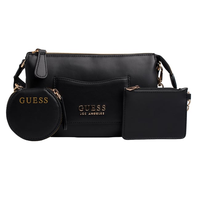 Deze schoudertas van Guess maakt indruk met zijn compacte en functionele ontwerp - perfect om elke dag te dragen. Hij is gemaakt van kunstleer en heeft metallic details en afneembare accessoires die de urban stijl benadrukken. Dankzij het praktische ontwerp met ruime binnen- en buitenvakken is hij ideaal om alles binnen handbereik te houden. De verstelbare riem zorgt voor een veelzijdige pasvorm, zowel over de schouder als over het lichaam.\n\n - Type accessoire: Schoudertas.\n - Materiaal: Synthetisch, leerachtig materiaal.\n - Textuur: Glad.\n - Hardware: Goudkleurig metaal.\n - Details buitenkant: Voorvak met metalen Guess-plaatje.\n - Verdere details: Rond muntzakje met ritssluiting en afneembare kaarthouder.\n - Details interieur: Hoofdvak met ritssluiting, 3 open vakken, 1 ritsvak, 2 kaartsleuven.\n - Verstelbare brede riem.\n\n In elk ontwerp combineert Guess zijn kenmerkende essentie met een moderne, onmiskenbare stijl. Deze damesschoudertas weerspiegelt de stedelijke en functionele stijl van het merk: een perfecte mix van mode en functionaliteit, ideaal om je te vergezellen op al je reizen met een opvallende touch.\n Afmetingen: Tas: 21,5 x 14 x 7 cm; Platte tas: 11 x 8 cm; Ronde tas: 8,7 x 8 x 2 cm\n Samenstelling: 100% polyurethaan\n Onderhoud:\nSchoonmaken met een zachte, licht vochtige doek.\n Gebruik geen schurende schoonmaakmiddelen of detergenten.\n Vermijd langdurige blootstelling aan zonlicht of extreme vochtigheid.