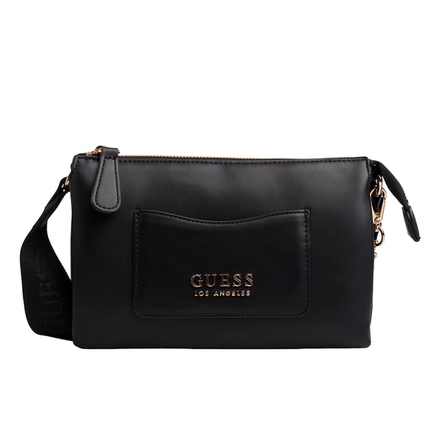 Deze schoudertas van Guess maakt indruk met zijn compacte en functionele ontwerp - perfect om elke dag te dragen. Hij is gemaakt van kunstleer en heeft metallic details en afneembare accessoires die de urban stijl benadrukken. Dankzij het praktische ontwerp met ruime binnen- en buitenvakken is hij ideaal om alles binnen handbereik te houden. De verstelbare riem zorgt voor een veelzijdige pasvorm, zowel over de schouder als over het lichaam.\n\n - Type accessoire: Schoudertas.\n - Materiaal: Synthetisch, leerachtig materiaal.\n - Textuur: Glad.\n - Hardware: Goudkleurig metaal.\n - Details buitenkant: Voorvak met metalen Guess-plaatje.\n - Verdere details: Rond muntzakje met ritssluiting en afneembare kaarthouder.\n - Details interieur: Hoofdvak met ritssluiting, 3 open vakken, 1 ritsvak, 2 kaartsleuven.\n - Verstelbare brede riem.\n\n In elk ontwerp combineert Guess zijn kenmerkende essentie met een moderne, onmiskenbare stijl. Deze damesschoudertas weerspiegelt de stedelijke en functionele stijl van het merk: een perfecte mix van mode en functionaliteit, ideaal om je te vergezellen op al je reizen met een opvallende touch.\n Afmetingen: Tas: 21,5 x 14 x 7 cm; Platte tas: 11 x 8 cm; Ronde tas: 8,7 x 8 x 2 cm\n Samenstelling: 100% polyurethaan\n Onderhoud:\nSchoonmaken met een zachte, licht vochtige doek.\n Gebruik geen schurende schoonmaakmiddelen of detergenten.\n Vermijd langdurige blootstelling aan zonlicht of extreme vochtigheid.