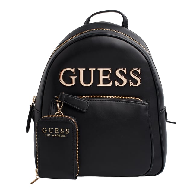 Esta mochila de Guess se presenta como una opción funcional y con estilo para el día a día. Su diseño moderno y compacto incluye un logotipo frontal en gran formato y un accesorio desmontable a juego. Con múltiples compartimentos y acabados metálicos, esta mochila combina moda y practicidad con el inconfundible sello de la marca.\n\nDetalles:\n- Tipo de accesorio: Mochila.\n- Material: Material sintético tipo piel.\n- Textura: Lisa.\n- Herraje: Metálico en tono dorado.\n- Detalles exteriores: Logo Guess en relieve y monedero desmontable con cremallera.\n- Detalles interiores: Compartimento principal con cierre de cremallera, 1 bolsillo con cremallera, 3 bolsillos abiertos.\n- Bolsillo frontal exterior con cremallera.\n- Asa superior para llevar en la mano.\n- Tirantes ajustables para un ajuste cómodo a la espalda.\n- Incluye bolsa guardapolvo.\n\nGuess reinventa la mochila clásica con una propuesta urbana, femenina y funcional. Ideal para quienes buscan comodidad sin renunciar a un look sofisticado, perfecta para el trabajo, los viajes o el uso diario con estilo.\n Medidas: Bolso: 23.5 x 28 x 9 cm; Monedero: 7 x 11 x 2 cm\n Composición: 100% Poliuretano\n Cuidados:\nLimpiar con un paño suave y ligeramente húmedo.\nNo usar productos abrasivos ni detergentes.\nEvitar la exposición prolongada al sol o humedad extrema.