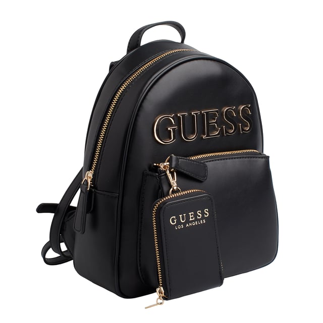 Esta mochila de Guess se presenta como una opción funcional y con estilo para el día a día. Su diseño moderno y compacto incluye un logotipo frontal en gran formato y un accesorio desmontable a juego. Con múltiples compartimentos y acabados metálicos, esta mochila combina moda y practicidad con el inconfundible sello de la marca.\n\nDetalles:\n- Tipo de accesorio: Mochila.\n- Material: Material sintético tipo piel.\n- Textura: Lisa.\n- Herraje: Metálico en tono dorado.\n- Detalles exteriores: Logo Guess en relieve y monedero desmontable con cremallera.\n- Detalles interiores: Compartimento principal con cierre de cremallera, 1 bolsillo con cremallera, 3 bolsillos abiertos.\n- Bolsillo frontal exterior con cremallera.\n- Asa superior para llevar en la mano.\n- Tirantes ajustables para un ajuste cómodo a la espalda.\n- Incluye bolsa guardapolvo.\n\nGuess reinventa la mochila clásica con una propuesta urbana, femenina y funcional. Ideal para quienes buscan comodidad sin renunciar a un look sofisticado, perfecta para el trabajo, los viajes o el uso diario con estilo.\n Medidas: Bolso: 23.5 x 28 x 9 cm; Monedero: 7 x 11 x 2 cm\n Composición: 100% Poliuretano\n Cuidados:\nLimpiar con un paño suave y ligeramente húmedo.\nNo usar productos abrasivos ni detergentes.\nEvitar la exposición prolongada al sol o humedad extrema.