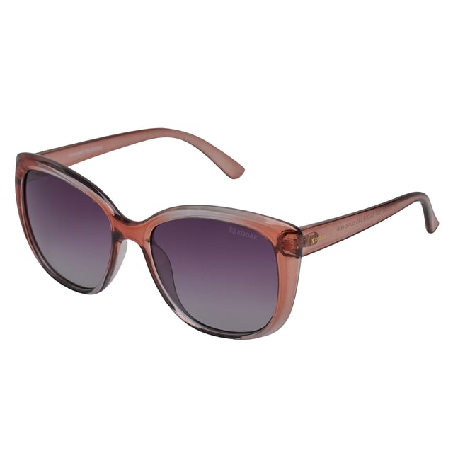 These Kodak women's sunglasses combine a classic and modern design with discreet details that add sophistication.\n\n Shape and design:\n - These sunglasses have a butterfly shape, characterized by their wide frame and subtly ascending curves at the ends.\n\n Frame Material:\n - The frame of these sunglasses is made of polycarbonate, a material known for its impact resistance and lightness.\n\n Sideburns:\n - The temples are also made of polycarbonate, matching the frame material.\n\n Brand details:\n - Kodak branding on the temples and one of the lenses.\n\n Glasses:\n - Polarized: Yes.\n - Progression: Yes, compatible with progressive lenses.\n - Graduation: Yes, adaptable to your visual needs.\n - 100% UV400 protection.\n\n The color of the sunglasses lenses may vary slightly from the images due to lighting effects or adjustments in the material finish, but they will always retain their style and quality!\n Measures: Lens height: 49 mm. Lens width: 54 mm. Bridge: 19 mm. Temples: 143 mm.\n Composition: Polycarbonate\n Care:\nUse a microfiber cloth to clean the lenses and avoid scratches.