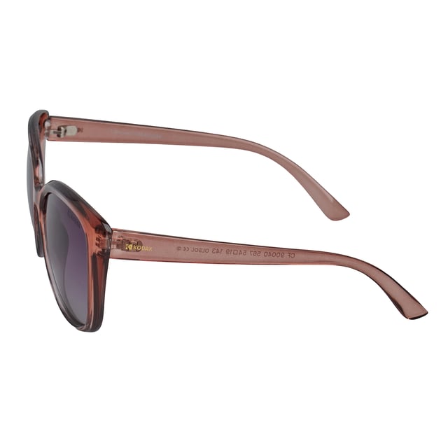 These Kodak women's sunglasses combine a classic and modern design with discreet details that add sophistication.\n\n Shape and design:\n - These sunglasses have a butterfly shape, characterized by their wide frame and subtly ascending curves at the ends.\n\n Frame Material:\n - The frame of these sunglasses is made of polycarbonate, a material known for its impact resistance and lightness.\n\n Sideburns:\n - The temples are also made of polycarbonate, matching the frame material.\n\n Brand details:\n - Kodak branding on the temples and one of the lenses.\n\n Glasses:\n - Polarized: Yes.\n - Progression: Yes, compatible with progressive lenses.\n - Graduation: Yes, adaptable to your visual needs.\n - 100% UV400 protection.\n\n The color of the sunglasses lenses may vary slightly from the images due to lighting effects or adjustments in the material finish, but they will always retain their style and quality!\n Measures: Lens height: 49 mm. Lens width: 54 mm. Bridge: 19 mm. Temples: 143 mm.\n Composition: Polycarbonate\n Care:\nUse a microfiber cloth to clean the lenses and avoid scratches.