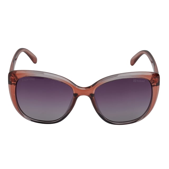 These Kodak women's sunglasses combine a classic and modern design with discreet details that add sophistication.\n\n Shape and design:\n - These sunglasses have a butterfly shape, characterized by their wide frame and subtly ascending curves at the ends.\n\n Frame Material:\n - The frame of these sunglasses is made of polycarbonate, a material known for its impact resistance and lightness.\n\n Sideburns:\n - The temples are also made of polycarbonate, matching the frame material.\n\n Brand details:\n - Kodak branding on the temples and one of the lenses.\n\n Glasses:\n - Polarized: Yes.\n - Progression: Yes, compatible with progressive lenses.\n - Graduation: Yes, adaptable to your visual needs.\n - 100% UV400 protection.\n\n The color of the sunglasses lenses may vary slightly from the images due to lighting effects or adjustments in the material finish, but they will always retain their style and quality!\n Measures: Lens height: 49 mm. Lens width: 54 mm. Bridge: 19 mm. Temples: 143 mm.\n Composition: Polycarbonate\n Care:\nUse a microfiber cloth to clean the lenses and avoid scratches.