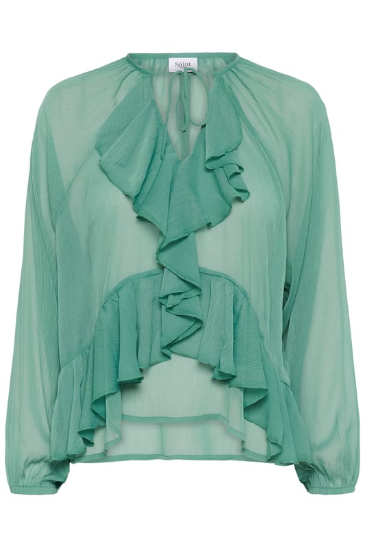 Die leichte Bluse mit Rüschen und lockerer Passform besticht durch einen Rundhalsausschnitt mit Bindeband, lange Ärmel und ein feminines Design. Ideal für flexible Stylingmöglichkeiten und angenehmen Tragekomfort.  Schonwäsche 30°, Nicht bleichen, Nicht im Trockner trocknen, Tropnass aufhängen, Kalt bügeln max. 110° C, Nicht trockenreinigen  100% Polyester (Recycelt)