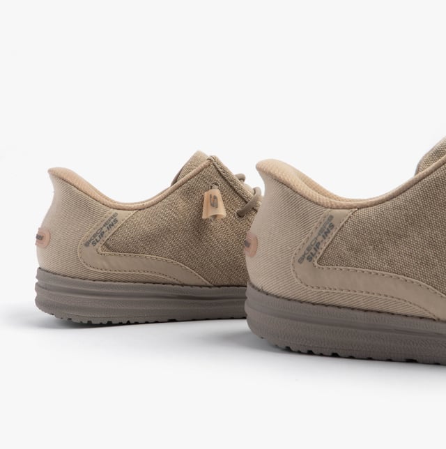 These casual men's shoes feature a canvas upper, textile lining, rubber sole, and slip-in design with air-cooled memory foam for comfort, suitable for everyday wear