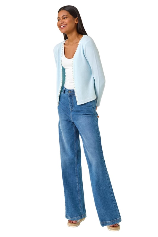Faux Pearl Trim Cardigan from Roman. Add a touch of elegance to any outfit with this chic faux pearly detail cardigan. The perfect Spring/Summer cover-up, featuring long sleeves and an edge to edge front for effortless style. Layer over a floral dress and heels for a classic and sophisticated look.