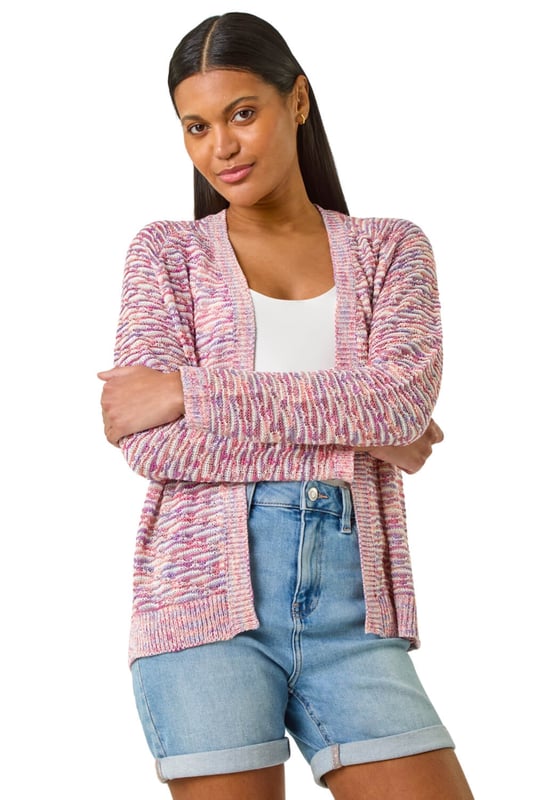 Textured V-Neck Knit Shrug from Roman. Add a touch of elegance to your Spring Summer wardrobe with this textured knit shrug. Designed with a flattering v-neck and long sleeves, this piece is crafted from a mix of soft knitted fabrics that create a textured finish. The edge opening creates a versatile look, perfect for layering over your favourite shirt and jeggings with flats for a comfortable outfit perfect for cool evenings!