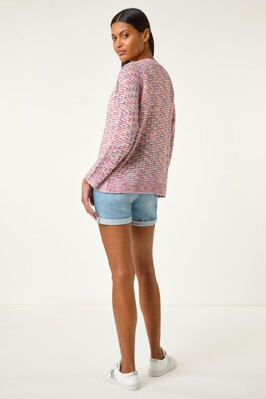 Textured V-Neck Knit Shrug from Roman. Add a touch of elegance to your Spring Summer wardrobe with this textured knit shrug. Designed with a flattering v-neck and long sleeves, this piece is crafted from a mix of soft knitted fabrics that create a textured finish. The edge opening creates a versatile look, perfect for layering over your favourite shirt and jeggings with flats for a comfortable outfit perfect for cool evenings!