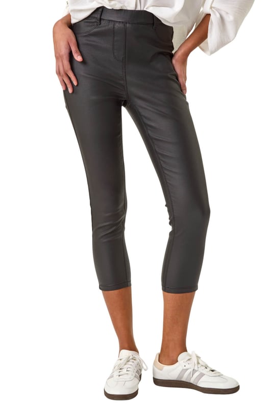 Metallic Coated Crop Jeggings Metallic Coated Crop Jeggings from Roman. Take your style to the next level with these metallic coated crop jeggings. This smart pair is adorned with essential front and back pockets featuring functional belt loops for a practical edge. The jeggings are cut in a fitting shape, crafted from stretch woven fabric for all-day comfort. Perfect for any occasion, pair these jeggings with a blouse for a sophisticated look!