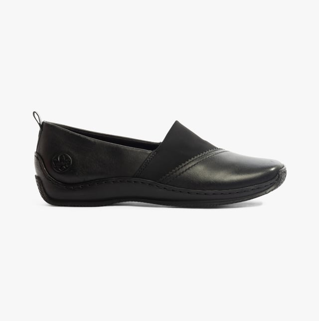 These casual slip-on shoes feature a leather upper, textile lining, and a lightweight RIRICON sole. Designed for comfort and breathability, ideal for everyday wear