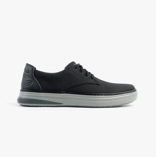 Skechers Hyland - Ratner Mens Shoes Black These casual men's shoes feature a canvas upper, textile lining, rubber sole, and lace-up closure. With air-cooled memory foam and a relaxed fit, they're ideal for everyday comfort