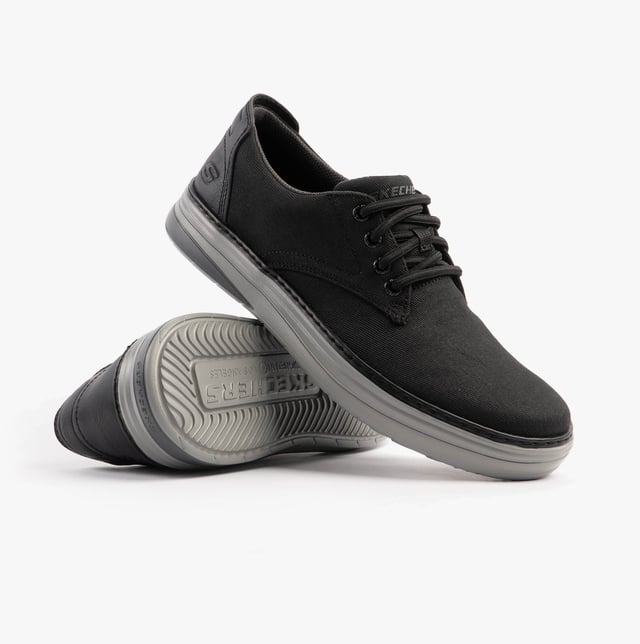 Skechers Hyland - Ratner Mens Shoes Black These casual men's shoes feature a canvas upper, textile lining, rubber sole, and lace-up closure. With air-cooled memory foam and a relaxed fit, they're ideal for everyday comfort