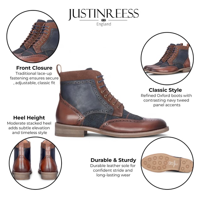 Refine your footwear collection with the Teddy Men's Brown Leather and Navy Tweed Oxford Shoes. Crafted from genuine leather with contrasting navy tweed panels, these shoes offer a perfect blend of traditional style and modern character. The Oxford silhouette provides a smart, structured shape, ideal for formal occasions or smart-casual outfits. A soft inner lining ensures comfort throughout the day, making them as wearable as they are stylish.

Premium Brown Leather Upper for a polished and durable finish

Contrasting Navy Tweed Panels add texture and a unique twist

Classic Oxford Design with a structured silhouette

Lace-Up Fastening ensures a secure and adjustable fit

Soft Inner Lining for comfort during extended wear

Stitched Detailing for added craftsmanship and style

Ideal for Smart-Casual to Formal Events — weddings, work, or evening outings