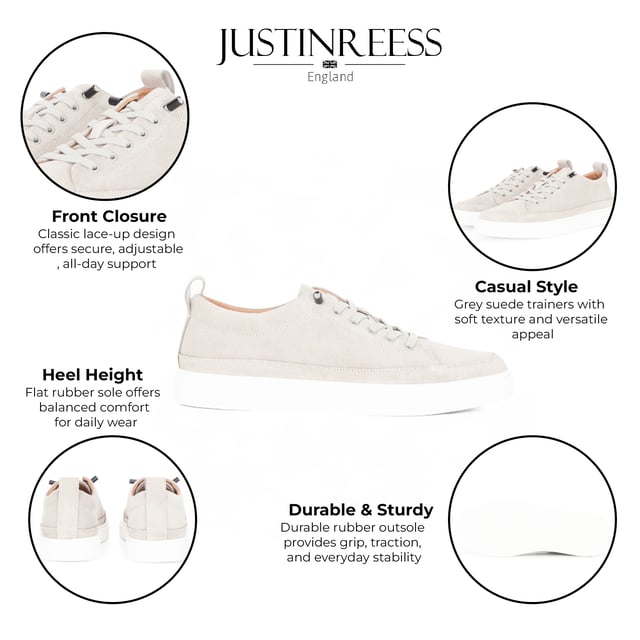 Stay casual and stylish with the Josh Men's Suede Leather Trainers. Made from genuine suede leather, these trainers deliver a soft, premium feel paired with a versatile grey tone that fits effortlessly into your daily wardrobe. The lace-up design ensures a secure fit, while the durable rubber sole provides traction and comfort for everyday wear — whether you're on the go or keeping it laid-back.

100% Genuine Suede Leather Upper for a soft and refined finish
Classic Lace-Up Closure for adjustable fit and everyday support
Neutral Colour pairs well with jeans, chinos, or joggers
Durable Rubber Sole offers grip and long-lasting wear
Comfortable Interior suitable for extended walking or casual outings
Perfect for Daily Use, weekend wear, and smart-casual looks