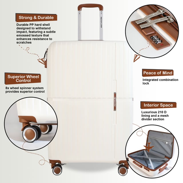 Hard Shell White Strong Suitcase 8 Wheel Cabin Luggage Holiday Travel Case Travel in timeless style with our Hard Shell Classic Suitcases, designed for both practicality and elegance. Crafted with premium materials, this set is built to meet the needs of frequent travelers, combining robust features with a sleek finish.
Features:
Durable Polypropylene Construction: Lightweight and resilient, offering superior protection for your belongings.
Secure Integrated Lock: Ensures your luggage is travel-compliant and your items are safe during transit.
4x Smooth Dual Wheels: Provides effortless 360° mobility for smooth navigation through airports and crowded areas.
Ergonomic Telescopic Handle: Designed for a comfortable and firm grip during use.
Thoughtful Interior Design: Includes tie-down straps, a zippedivider, and compartments to keep your items neatly organized.
Available Sizes and Specifications:
Cabin:
Dimensions: 37 x 22 x 56 cm
Weight: 2.67 kg
Capacity: 37L
Medium:
Dimensions: 43 x 25 x 67 cm
Weight: 3.33 kg
Capacity: 59L
Large:
Dimensions: 49 x 29 x 76 cm
Weight: 4.20 kg
Capacity: 94L
This classic suitcase set is perfect for any occasion, whether you're embarking on a business trip, a weekend getaway, or a long vacation. With its sturdy build, smooth maneuverability, and secure locking system, you can travel with confidence and ease.
NOTE: These suitcases are sold individually not as a set, so please select your desired size while placing an order.