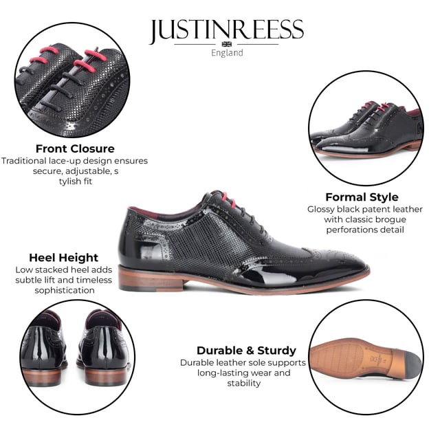 Realza tu look formal con los zapatos brogue Justin Reess Flynn de charol negro. Diseñados para una elegancia excepcional, estos zapatos presentan una parte superior de charol negro brillante con un sutil patrón texturizado, perfectos para bodas, eventos de gala o veladas sofisticadas. Los detalles brogue clásicos añaden un encanto tradicional, mientras que el diseño con cordones garantiza un ajuste seguro y a medida. Un suave forro interior aumenta la comodidad, haciéndolos ideales para un uso prolongado con confianza y estilo. Charol negro brillante con un sutil acabado texturizado para un look audaz y refinado. Brogue clásico. Perforaciones y costuras para una elegancia atemporal. Cierre seguro con cordones para un ajuste cómodo y ajustable. Interior con forro suave que aumenta la comodidad para usar todo el día. Silueta elegante perfecta para eventos formales, fiestas y ocasiones especiales. Confeccionados 100 % en cuero para mayor calidad y durabilidad.