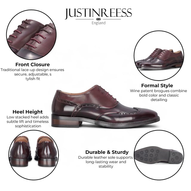 Causa una impresión impactante con los zapatos brogue de charol Justin Reess Harry para hombre en un llamativo color burdeos vino. Elaborados en vibrante charol burdeos vino, estos zapatos están diseñados para destacar y realzar tu atuendo formal. Con un diseño brogue clásico con intrincadas perforaciones y costuras decorativas, encarnan la elegancia y la sofisticación para cualquier ocasión. El cierre seguro con cordones permite un ajuste personalizado, garantizando comodidad durante todo el día. Fabricados con materiales de alta calidad y una artesanía experta, estos zapatos ofrecen durabilidad y longevidad, convirtiéndolos en una elegante adición a tu armario. El llamativo charol burdeos vino le da un toque llamativo. Diseño brogue clásico con elegantes perforaciones. Cierre con cordones para un ajuste seguro y ajustable. Construcción duradera para una larga duración.