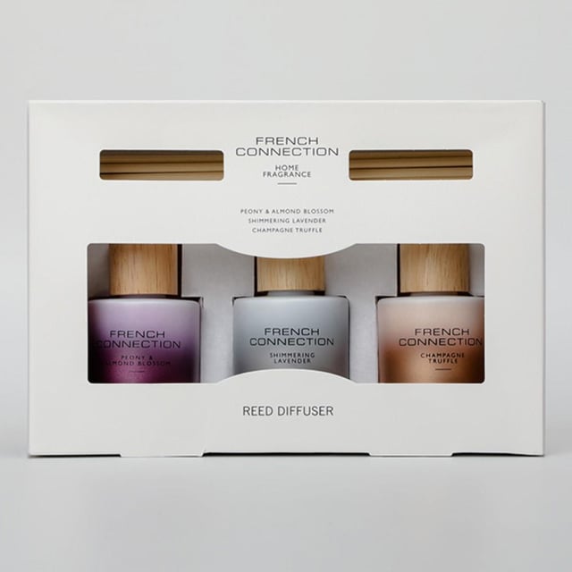 French Connection Metallic Collection Trio of Reed Diffuser Gift Set 3 x 50ml The French Connection Metallic Collection 3 Piece Gift Set is a sophisticated trio of 50ml diffusers, each presented in sleek, metallic containers that add a touch of elegance to any space. Designed to infuse rooms with long-lasting, luxurious scents, each diffuser offers a unique fragrance experience, blending notes that range from fresh and invigorating to warm and comforting. Perfect as a gift or for personal use, this set enhances the ambiance of any home with a modern, refined aesthetic and beautifully layered aromas that elevate the mood and decor.