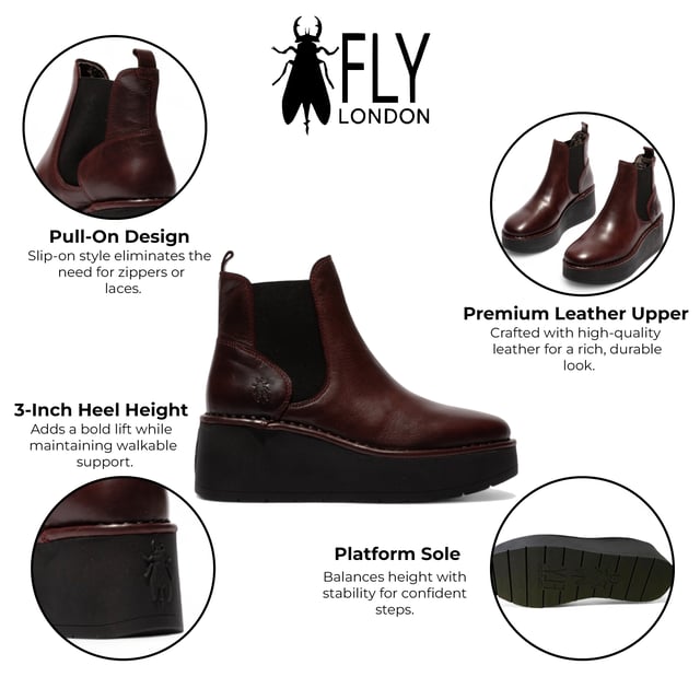 Veredeln Sie Ihren Herbst-Look mit den Fly London HELY268FLY Stiefeletten. Dieses auffällige Modell mit dicker Plateausohle und hohem Absatz sorgt für einen markanten, modernen Look. Das glatte Obermaterial aus Leder ist mit elastischen Seiteneinsätzen kombiniert, wodurch sich die Stiefel leicht an- und ausziehen lassen und gleichzeitig bequem sitzen. Mit dem charakteristischen Viertelstempel von Fly London und einem 7,5 cm hohen Absatz vereinen diese Stiefel Mode und Funktionalität perfekt – ideal für den Alltag oder zum Aufpeppen lässiger Outfits. Obermaterial: Leder, Futter: Mikrofaser, Laufsohle: TR-Gummi, Absatzhöhe: 7,5 cm, Innensohle: Mikrofaser, Stil: Zum Hineinschlüpfen mit elastischen Seiteneinsätzen, Eigenschaften: Plateausohle, Komfort