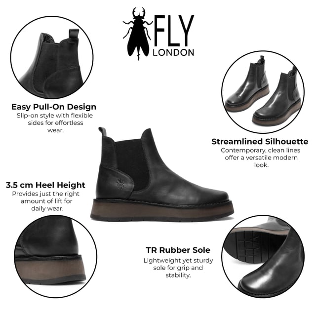 The Fly London RAWI131 Chelsea boots from the Rawi Line blend timeless style with modern comfort. Designed for effortless everyday wear, these ankle boots feature a convenient pull-on design with elasticated side panels. Crafted from premium leather, they offer a soft microfiber lining and cushioned microfiber insole for lasting comfort. The durable TR rubber sole provides reliable grip and support, while the 3.5 cm heel adds a subtle lift without compromising stability. Perfect for both casual and smart-casual looks, these Chelsea boots are a versatile wardrobe essential.

Upper: Leather
Lining: Microfiber
Insole: Microfiber
Sole: TR Rubber
Heel Height: 3.5 cm
Style: Pull-on Chelsea