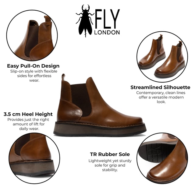 The Fly London RAWI131 Chelsea boots from the Rawi Line blend timeless style with modern comfort. Designed for effortless everyday wear, these ankle boots feature a convenient pull-on design with elasticated side panels. Crafted from premium leather, they offer a soft microfiber lining and cushioned microfiber insole for lasting comfort. The durable TR rubber sole provides reliable grip and support, while the 3.5 cm heel adds a subtle lift without compromising stability. Perfect for both casual and smart-casual looks, these Chelsea boots are a versatile wardrobe essential.

Upper: Leather
Lining: Microfiber
Insole: Microfiber
Sole: TR Rubber
Heel Height: 3.5 cm
Style: Pull-on Chelsea