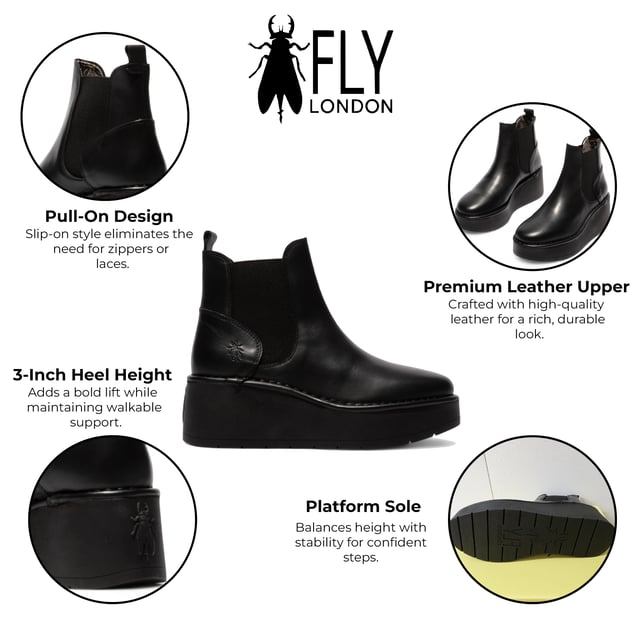 Mejora tu estilo otoñal con los botines HELY268FLY de Fly London. Diseñados para llamar la atención, este llamativo modelo presenta una plataforma gruesa y un tacón alto para un look moderno y audaz. La elegante parte superior de cuero se combina con refuerzos laterales elásticos, lo que facilita su colocación y extracción, garantizando un ajuste cómodo y ceñido. Con el característico sello trasero de Fly London y un tacón de 7,6 cm, estas botas combinan a la perfección moda y funcionalidad, ideales para el día a día o para completar conjuntos casuales. Exterior: Cuero. Forro: Microfibra. Suela: Goma TR. Altura del tacón: 7,6 cm. Plantilla: Microfibra. Estilo: Sin cordones con refuerzos laterales elásticos. Características: Suela de plataforma, comodidad.