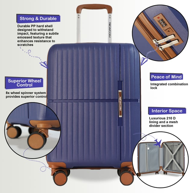 Hard Shell Navy Blue Strong Suitcase 8 Wheel Cabin Luggage Holiday Travel Case Travel in timeless style with our Hard Shell Classic Suitcases, designed for both practicality and elegance. Crafted with premium materials, this set is built to meet the needs of frequent travelers, combining robust features with a sleek finish.
Features:
Durable Polypropylene Construction: Lightweight and resilient, offering superior protection for your belongings.
Secure Integrated Lock: Ensures your luggage is travel-compliant and your items are safe during transit.
4x Smooth Dual Wheels: Provides effortless 360° mobility for smooth navigation through airports and crowded areas.
Ergonomic Telescopic Handle: Designed for a comfortable and firm grip during use.
Thoughtful Interior Design: Includes tie-down straps, a zippedivider, and compartments to keep your items neatly organized.
Available Sizes and Specifications:
Cabin:
Dimensions: 37 x 22 x 56 cm
Weight: 2.67 kg
Capacity: 37L
Medium:
Dimensions: 43 x 25 x 67 cm
Weight: 3.33 kg
Capacity: 59L
Large:
Dimensions: 49 x 29 x 76 cm
Weight: 4.20 kg
Capacity: 94L
This classic suitcase set is perfect for any occasion, whether you're embarking on a business trip, a weekend getaway, or a long vacation. With its sturdy build, smooth maneuverability, and secure locking system, you can travel with confidence and ease.
NOTE: These suitcases are sold individually not as a set, so please select your desired size while placing an order.