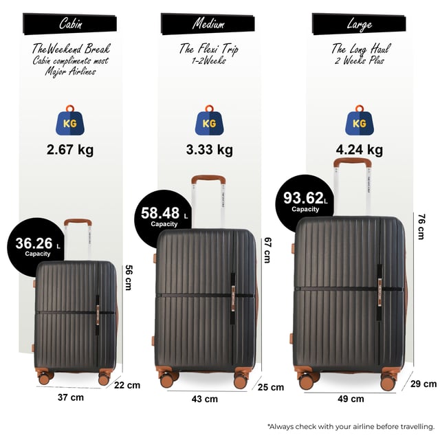 Hard Shell Black Strong Suitcase 8 Wheel Cabin Luggage Holiday Travel Case Travel in timeless style with our Hard Shell Classic Suitcases, designed for both practicality and elegance. Crafted with premium materials, this set is built to meet the needs of frequent travelers, combining robust features with a sleek finish.
Features:
Durable Polypropylene Construction: Lightweight and resilient, offering superior protection for your belongings.
Secure Integrated Lock: Ensures your luggage is travel-compliant and your items are safe during transit.
4x Smooth Dual Wheels: Provides effortless 360° mobility for smooth navigation through airports and crowded areas.
Ergonomic Telescopic Handle: Designed for a comfortable and firm grip during use.
Thoughtful Interior Design: Includes tie-down straps, a zippedivider, and compartments to keep your items neatly organized.
Available Sizes and Specifications:
Cabin:
Dimensions: 37 x 22 x 56 cm
Weight: 2.67 kg
Capacity: 37L
Medium:
Dimensions: 43 x 25 x 67 cm
Weight: 3.33 kg
Capacity: 59L
Large:
Dimensions: 49 x 29 x 76 cm
Weight: 4.20 kg
Capacity: 94L
This classic suitcase set is perfect for any occasion, whether you're embarking on a business trip, a weekend getaway, or a long vacation. With its sturdy build, smooth maneuverability, and secure locking system, you can travel with confidence and ease.
NOTE: These suitcases are sold individually not as a set, so please select your desired size while placing an order.