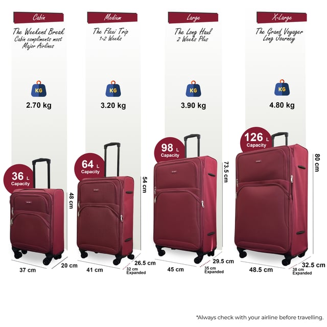 Upgrade your travel essentials with the 8-Wheel Lightweight Suitcase Set of 4 (Cabin, Medium, Large & X-Large), designed for style, durability, and practicality. This soft-shell luggage set is crafted from high-quality nylon, offering a sleek appearance and exceptional performance for all your journeys.

Features:
Lightweight Nylon Material: Durable yet lightweight, making it easy to handle while ensuring long-lasting use.
Expandable Design (Medium, Large & X-Large): Provides flexibility with more than 20% extra storage capacity
Secure Lock: Keeps your belongings safe with integrated combination lock
4X Dual Wheels with 360° Mobility: Ensures effortless manoeuvrability across various surfaces.
Ergonomic Telescopic Handle: Designed for comfort and easy handling.
Organized Interior: Includes tie-down straps, zippered compartments, and mesh dividers for hassle-free packing.

Sizes and Specifications:

Cabin:
Dimensions: 48 x 37 x 20 cm
Weight: 2.70 kg
Capacity: 36L

Medium:
Dimensions: 54 x 41 x 26.5 cm
Weight: 3.20 kg
Capacity: 64L

Large:
Dimensions: 73.5 x 45 x 29.5 cm
Weight: 3.90 kg
Capacity: 98L

X-Large:
Dimensions: 80 x 48.5 x 32.5 cm
Weight: 4.80 kg
Capacity: 126L

This versatile suitcase set is perfect for all types of travels, whether it’s a short trip or an extended vacation. The sleek design ensures timeless elegance, while the lightweight construction and advanced features offer unparalleled convenience.
Travel light, travel smart, and travel with confidence with this premium suitcase set.