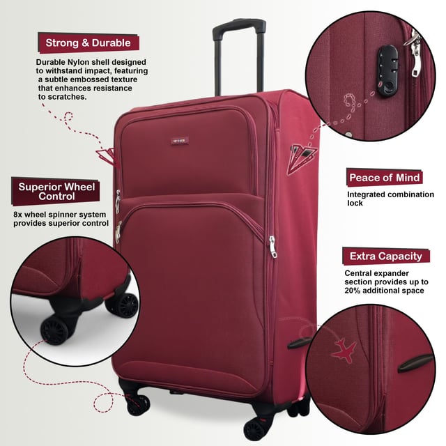 Upgrade your travel essentials with the 8-Wheel Lightweight Suitcase Set of 4 (Cabin, Medium, Large & X-Large), designed for style, durability, and practicality. This soft-shell luggage set is crafted from high-quality nylon, offering a sleek appearance and exceptional performance for all your journeys.

Features:
Lightweight Nylon Material: Durable yet lightweight, making it easy to handle while ensuring long-lasting use.
Expandable Design (Medium, Large & X-Large): Provides flexibility with more than 20% extra storage capacity
Secure Lock: Keeps your belongings safe with integrated combination lock
4X Dual Wheels with 360° Mobility: Ensures effortless manoeuvrability across various surfaces.
Ergonomic Telescopic Handle: Designed for comfort and easy handling.
Organized Interior: Includes tie-down straps, zippered compartments, and mesh dividers for hassle-free packing.

Sizes and Specifications:

Cabin:
Dimensions: 48 x 37 x 20 cm
Weight: 2.70 kg
Capacity: 36L

Medium:
Dimensions: 54 x 41 x 26.5 cm
Weight: 3.20 kg
Capacity: 64L

Large:
Dimensions: 73.5 x 45 x 29.5 cm
Weight: 3.90 kg
Capacity: 98L

X-Large:
Dimensions: 80 x 48.5 x 32.5 cm
Weight: 4.80 kg
Capacity: 126L

This versatile suitcase set is perfect for all types of travels, whether it’s a short trip or an extended vacation. The sleek design ensures timeless elegance, while the lightweight construction and advanced features offer unparalleled convenience.
Travel light, travel smart, and travel with confidence with this premium suitcase set.