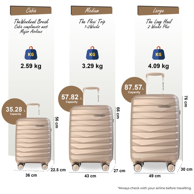 Travel in timeless style with our Hard Shell Classic Suitcase Set, designed for both practicality and elegance. Crafted with premium materials, this set is built to meet the needs of frequent travelers, combining robust features with a sleek finish.

Features:
Durable Polypropylene Construction: Lightweight and resilient, offering superior protection for your belongings.
Secure TSA-Approved Lock: Ensures your luggage is travel-compliant and your items are safe during transit.
4x Smooth Dual Wheels: Provides effortless 360° mobility for smooth navigation through airports and crowded areas.
Ergonomic Telescopic Handle: Designed for a comfortable and firm grip during use.
Thoughtful Interior Design: Includes tie-down straps, a zippedivider, and compartments to keep your items neatly organized.
Sizes and Specifications:
Cabin:
Dimensions: 36 x 22.5 x 56 cm 
Weight: 2.60 kg
Capacity: 36L
Medium:
Dimensions: 43 x 27 x 66 cm
Weight: 3.30 kg
Capacity: 58L
Large:
Dimensions: 49 x 30 x 76 cm
Weight: 4.10 kg
Capacity: 88L
This classic suitcase set is perfect for any occasion, whether you're embarking on a business trip, a weekend getaway, or a long vacation. With its sturdy build, smooth maneuverability, and secure locking system, you can travel with confidence and ease.

Elevate your travel experience with the perfect combination of style and functionality.