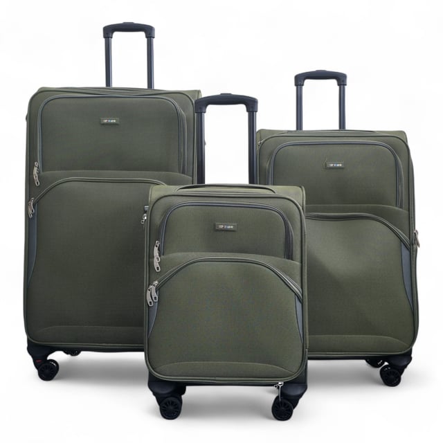 Erweiterbarer weicher Khaki-Grün-Koffer mit 8 Rädern, leichtes Gepäck, Reisetaschen, 3er-Set Werten Sie Ihre Reiseutensilien auf mit dem 8-Rollen-Leichtkofferset in 3 Größen (Kabinenkoffer, Mittel & Groß), das auf Stil, Haltbarkeit und Zweckmäßigkeit ausgelegt ist. Dieses Weichschalen-Gepäckset ist aus hochwertigem Nylon gefertigt und bietet eine elegante Optik und außergewöhnliche Leistung für alle Ihre Reisen. Eigenschaften: Leichtes Nylonmaterial: Robust und dennoch leicht, sodass es einfach zu handhaben ist und eine lange Lebensdauer gewährleistet. Erweiterbares Design (Mittel & Groß): Bietet Flexibilität mit über 20 % zusätzlicher Lagerkapazität Sicheres Schloss: Hält Ihre Sachen sicher mit integriertem Zahlenschloss 4x Doppelräder mit 360°-Mobilität: Gewährleistet müheloses Manövrieren auf verschiedenen Oberflächen. Ergonomischer Teleskopgriff: Auf Komfort und einfache Handhabung ausgelegt. Organisierter Innenraum: Beinhaltet Zurrgurte, Fächer mit Reißverschluss und Netzteiler für müheloses Packen. Größen und Spezifikationen: Kabine: Maße: 48 x 37 x 20 cm, Gewicht: 2,70 kg, Fassungsvermögen: 36 l, Mittel: Maße: 54 x 41 x 26,5 cm, Gewicht: 3,20 kg, Fassungsvermögen: 64 l, Groß: Maße: 73,5 x 45 x 29,5 cm, Gewicht: 3,90 kg, Fassungsvermögen: 98 l. Dieses vielseitige Kofferset eignet sich perfekt für alle Arten von Reisen, egal ob Kurztrip oder längerer Urlaub. Das schlanke Design sorgt für zeitlose Eleganz, während die leichte Konstruktion und die fortschrittlichen Funktionen unvergleichlichen Komfort bieten. Reisen Sie mit leichtem Gepäck, clever und selbstbewusst mit diesem Premium-Kofferset.