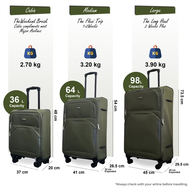 Erweiterbarer weicher Khaki-Grün-Koffer mit 8 Rädern, leichtes Gepäck, Reisetaschen, 3er-Set Werten Sie Ihre Reiseutensilien auf mit dem 8-Rollen-Leichtkofferset in 3 Größen (Kabinenkoffer, Mittel & Groß), das auf Stil, Haltbarkeit und Zweckmäßigkeit ausgelegt ist. Dieses Weichschalen-Gepäckset ist aus hochwertigem Nylon gefertigt und bietet eine elegante Optik und außergewöhnliche Leistung für alle Ihre Reisen. Eigenschaften: Leichtes Nylonmaterial: Robust und dennoch leicht, sodass es einfach zu handhaben ist und eine lange Lebensdauer gewährleistet. Erweiterbares Design (Mittel & Groß): Bietet Flexibilität mit über 20 % zusätzlicher Lagerkapazität Sicheres Schloss: Hält Ihre Sachen sicher mit integriertem Zahlenschloss 4x Doppelräder mit 360°-Mobilität: Gewährleistet müheloses Manövrieren auf verschiedenen Oberflächen. Ergonomischer Teleskopgriff: Auf Komfort und einfache Handhabung ausgelegt. Organisierter Innenraum: Beinhaltet Zurrgurte, Fächer mit Reißverschluss und Netzteiler für müheloses Packen. Größen und Spezifikationen: Kabine: Maße: 48 x 37 x 20 cm, Gewicht: 2,70 kg, Fassungsvermögen: 36 l, Mittel: Maße: 54 x 41 x 26,5 cm, Gewicht: 3,20 kg, Fassungsvermögen: 64 l, Groß: Maße: 73,5 x 45 x 29,5 cm, Gewicht: 3,90 kg, Fassungsvermögen: 98 l. Dieses vielseitige Kofferset eignet sich perfekt für alle Arten von Reisen, egal ob Kurztrip oder längerer Urlaub. Das schlanke Design sorgt für zeitlose Eleganz, während die leichte Konstruktion und die fortschrittlichen Funktionen unvergleichlichen Komfort bieten. Reisen Sie mit leichtem Gepäck, clever und selbstbewusst mit diesem Premium-Kofferset.