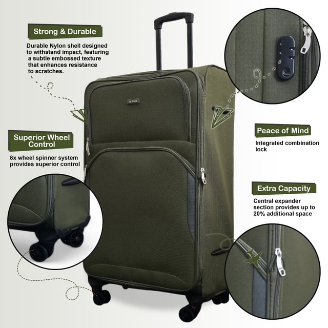 Erweiterbarer weicher Khaki-Grün-Koffer mit 8 Rädern, leichtes Gepäck, Reisetaschen, 3er-Set Werten Sie Ihre Reiseutensilien auf mit dem 8-Rollen-Leichtkofferset in 3 Größen (Kabinenkoffer, Mittel & Groß), das auf Stil, Haltbarkeit und Zweckmäßigkeit ausgelegt ist. Dieses Weichschalen-Gepäckset ist aus hochwertigem Nylon gefertigt und bietet eine elegante Optik und außergewöhnliche Leistung für alle Ihre Reisen. Eigenschaften: Leichtes Nylonmaterial: Robust und dennoch leicht, sodass es einfach zu handhaben ist und eine lange Lebensdauer gewährleistet. Erweiterbares Design (Mittel & Groß): Bietet Flexibilität mit über 20 % zusätzlicher Lagerkapazität Sicheres Schloss: Hält Ihre Sachen sicher mit integriertem Zahlenschloss 4x Doppelräder mit 360°-Mobilität: Gewährleistet müheloses Manövrieren auf verschiedenen Oberflächen. Ergonomischer Teleskopgriff: Auf Komfort und einfache Handhabung ausgelegt. Organisierter Innenraum: Beinhaltet Zurrgurte, Fächer mit Reißverschluss und Netzteiler für müheloses Packen. Größen und Spezifikationen: Kabine: Maße: 48 x 37 x 20 cm, Gewicht: 2,70 kg, Fassungsvermögen: 36 l, Mittel: Maße: 54 x 41 x 26,5 cm, Gewicht: 3,20 kg, Fassungsvermögen: 64 l, Groß: Maße: 73,5 x 45 x 29,5 cm, Gewicht: 3,90 kg, Fassungsvermögen: 98 l. Dieses vielseitige Kofferset eignet sich perfekt für alle Arten von Reisen, egal ob Kurztrip oder längerer Urlaub. Das schlanke Design sorgt für zeitlose Eleganz, während die leichte Konstruktion und die fortschrittlichen Funktionen unvergleichlichen Komfort bieten. Reisen Sie mit leichtem Gepäck, clever und selbstbewusst mit diesem Premium-Kofferset.