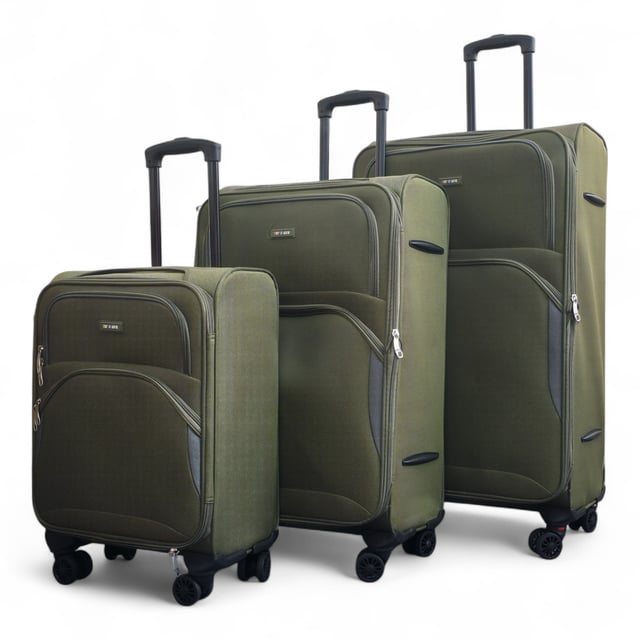 Erweiterbarer weicher Khaki-Grün-Koffer mit 8 Rädern, leichtes Gepäck, Reisetaschen, 3er-Set Werten Sie Ihre Reiseutensilien auf mit dem 8-Rollen-Leichtkofferset in 3 Größen (Kabinenkoffer, Mittel & Groß), das auf Stil, Haltbarkeit und Zweckmäßigkeit ausgelegt ist. Dieses Weichschalen-Gepäckset ist aus hochwertigem Nylon gefertigt und bietet eine elegante Optik und außergewöhnliche Leistung für alle Ihre Reisen. Eigenschaften: Leichtes Nylonmaterial: Robust und dennoch leicht, sodass es einfach zu handhaben ist und eine lange Lebensdauer gewährleistet. Erweiterbares Design (Mittel & Groß): Bietet Flexibilität mit über 20 % zusätzlicher Lagerkapazität Sicheres Schloss: Hält Ihre Sachen sicher mit integriertem Zahlenschloss 4x Doppelräder mit 360°-Mobilität: Gewährleistet müheloses Manövrieren auf verschiedenen Oberflächen. Ergonomischer Teleskopgriff: Auf Komfort und einfache Handhabung ausgelegt. Organisierter Innenraum: Beinhaltet Zurrgurte, Fächer mit Reißverschluss und Netzteiler für müheloses Packen. Größen und Spezifikationen: Kabine: Maße: 48 x 37 x 20 cm, Gewicht: 2,70 kg, Fassungsvermögen: 36 l, Mittel: Maße: 54 x 41 x 26,5 cm, Gewicht: 3,20 kg, Fassungsvermögen: 64 l, Groß: Maße: 73,5 x 45 x 29,5 cm, Gewicht: 3,90 kg, Fassungsvermögen: 98 l. Dieses vielseitige Kofferset eignet sich perfekt für alle Arten von Reisen, egal ob Kurztrip oder längerer Urlaub. Das schlanke Design sorgt für zeitlose Eleganz, während die leichte Konstruktion und die fortschrittlichen Funktionen unvergleichlichen Komfort bieten. Reisen Sie mit leichtem Gepäck, clever und selbstbewusst mit diesem Premium-Kofferset.