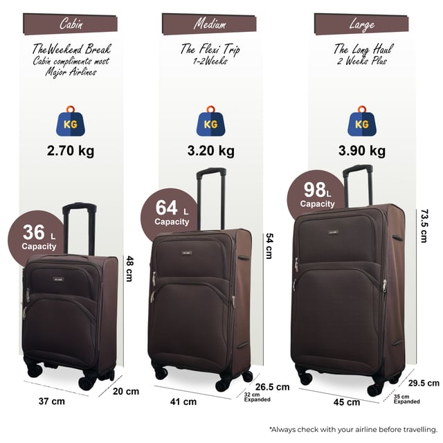 Erweiterbarer weicher brauner 8-Rad-Leichtkoffer, Reisegepäck, 3er-Set Werten Sie Ihre Reiseutensilien auf mit dem 8-Rollen-Leichtkofferset in 3 Größen (Kabinenkoffer, Mittel & Groß), das auf Stil, Haltbarkeit und Zweckmäßigkeit ausgelegt ist. Dieses Weichschalen-Gepäckset ist aus hochwertigem Nylon gefertigt und bietet eine elegante Optik und außergewöhnliche Leistung für alle Ihre Reisen. Eigenschaften: Leichtes Nylonmaterial: Robust und dennoch leicht, sodass es einfach zu handhaben ist und eine lange Lebensdauer gewährleistet. Erweiterbares Design (Mittel & Groß): Bietet Flexibilität mit über 20 % zusätzlicher Lagerkapazität Sicheres Schloss: Hält Ihre Sachen sicher mit integriertem Zahlenschloss 4x Doppelräder mit 360°-Mobilität: Gewährleistet müheloses Manövrieren auf verschiedenen Oberflächen. Ergonomischer Teleskopgriff: Auf Komfort und einfache Handhabung ausgelegt. Organisierter Innenraum: Beinhaltet Zurrgurte, Fächer mit Reißverschluss und Netzteiler für müheloses Packen. Größen und Spezifikationen: Kabine: Maße: 48 x 37 x 20 cm, Gewicht: 2,70 kg, Fassungsvermögen: 36 l, Mittel: Maße: 54 x 41 x 26,5 cm, Gewicht: 3,20 kg, Fassungsvermögen: 64 l, Groß: Maße: 73,5 x 45 x 29,5 cm, Gewicht: 3,90 kg, Fassungsvermögen: 98 l. Dieses vielseitige Kofferset eignet sich perfekt für alle Arten von Reisen, egal ob Kurztrip oder längerer Urlaub. Das schlanke Design sorgt für zeitlose Eleganz, während die leichte Konstruktion und die fortschrittlichen Funktionen unvergleichlichen Komfort bieten. Reisen Sie mit leichtem Gepäck, clever und selbstbewusst mit diesem Premium-Kofferset.