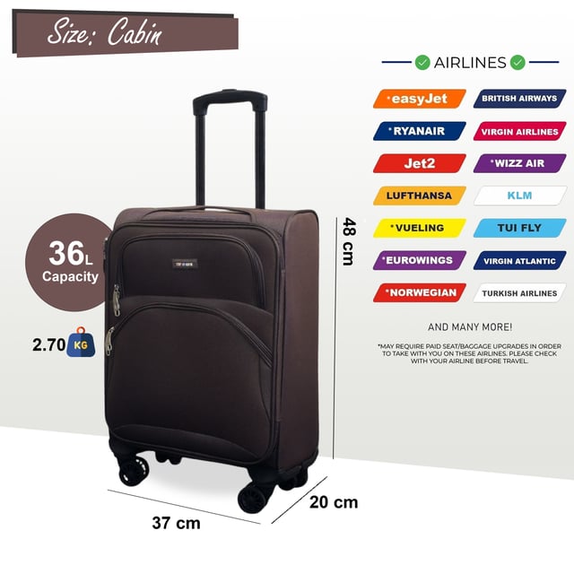 Erweiterbarer weicher brauner 8-Rad-Leichtkoffer, Reisegepäck, 3er-Set Werten Sie Ihre Reiseutensilien auf mit dem 8-Rollen-Leichtkofferset in 3 Größen (Kabinenkoffer, Mittel & Groß), das auf Stil, Haltbarkeit und Zweckmäßigkeit ausgelegt ist. Dieses Weichschalen-Gepäckset ist aus hochwertigem Nylon gefertigt und bietet eine elegante Optik und außergewöhnliche Leistung für alle Ihre Reisen. Eigenschaften: Leichtes Nylonmaterial: Robust und dennoch leicht, sodass es einfach zu handhaben ist und eine lange Lebensdauer gewährleistet. Erweiterbares Design (Mittel & Groß): Bietet Flexibilität mit über 20 % zusätzlicher Lagerkapazität Sicheres Schloss: Hält Ihre Sachen sicher mit integriertem Zahlenschloss 4x Doppelräder mit 360°-Mobilität: Gewährleistet müheloses Manövrieren auf verschiedenen Oberflächen. Ergonomischer Teleskopgriff: Auf Komfort und einfache Handhabung ausgelegt. Organisierter Innenraum: Beinhaltet Zurrgurte, Fächer mit Reißverschluss und Netzteiler für müheloses Packen. Größen und Spezifikationen: Kabine: Maße: 48 x 37 x 20 cm, Gewicht: 2,70 kg, Fassungsvermögen: 36 l, Mittel: Maße: 54 x 41 x 26,5 cm, Gewicht: 3,20 kg, Fassungsvermögen: 64 l, Groß: Maße: 73,5 x 45 x 29,5 cm, Gewicht: 3,90 kg, Fassungsvermögen: 98 l. Dieses vielseitige Kofferset eignet sich perfekt für alle Arten von Reisen, egal ob Kurztrip oder längerer Urlaub. Das schlanke Design sorgt für zeitlose Eleganz, während die leichte Konstruktion und die fortschrittlichen Funktionen unvergleichlichen Komfort bieten. Reisen Sie mit leichtem Gepäck, clever und selbstbewusst mit diesem Premium-Kofferset.