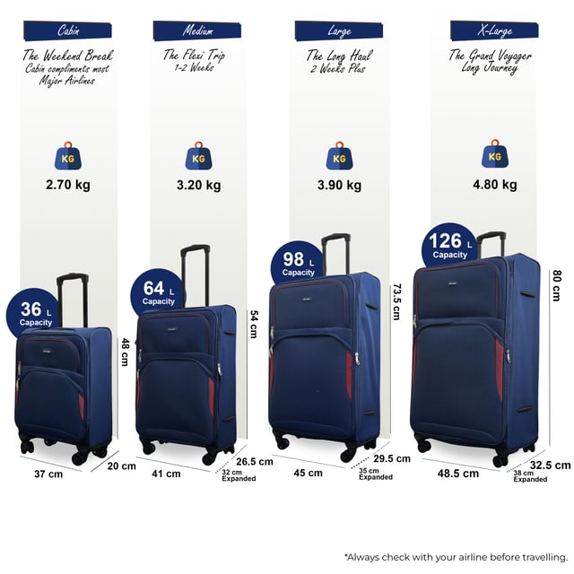 Werten Sie Ihre Reiseutensilien auf mit dem 4er-Set leichter 8-Rollen-Koffer (Kabinenkoffer, Mittel, Groß und XL), die auf Stil, Haltbarkeit und Zweckmäßigkeit ausgelegt sind. Dieses Weichschalen-Gepäckset ist aus hochwertigem Nylon gefertigt und bietet eine elegante Optik und außergewöhnliche Leistung für alle Ihre Reisen. Eigenschaften: Leichtes Nylonmaterial: Robust und dennoch leicht, sodass es einfach zu handhaben ist und eine lange Lebensdauer gewährleistet. Erweiterbares Design (Mittel, Groß und XL): Bietet Flexibilität mit über 20 % zusätzlicher Lagerkapazität. Sicheres Schloss: Hält Ihre Sachen sicher mit integriertem Zahlenschloss. 4 Doppelrollen mit 360°-Mobilität: Sorgt für müheloses Manövrieren auf verschiedenen Oberflächen. Ergonomischer Teleskopgriff: Auf Komfort und einfache Handhabung ausgelegt. Organisierter Innenraum: Beinhaltet Zurrgurte, Fächer mit Reißverschluss und Netzteiler für müheloses Packen. Größen und Spezifikationen: Kabine: Abmessungen: 48 x 37 x 20 cm Gewicht: 2,70 kg Fassungsvermögen: 36 l Mittel: Abmessungen: 54 x 41 x 26,5 cm Gewicht: 3,20 kg Fassungsvermögen: 64 l Groß: Abmessungen: 73,5 x 45 x 29,5 cm Gewicht: 3,90 kg Fassungsvermögen: 98 l Extragroß: Abmessungen: 80 x 48,5 x 32,5 cm Gewicht: 4,80 kg Fassungsvermögen: 126 l Dieses vielseitige Kofferset eignet sich perfekt für alle Arten von Reisen, egal ob Kurztrip oder längerer Urlaub. Das schlanke Design sorgt für zeitlose Eleganz, während die leichte Konstruktion und die fortschrittlichen Funktionen unvergleichlichen Komfort bieten. Reisen Sie mit leichtem Gepäck, cleverem Gepäck und voller Zuversicht mit diesem Premium-Kofferset.