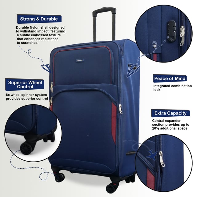 Werten Sie Ihre Reiseutensilien auf mit dem 4er-Set leichter 8-Rollen-Koffer (Kabinenkoffer, Mittel, Groß und XL), die auf Stil, Haltbarkeit und Zweckmäßigkeit ausgelegt sind. Dieses Weichschalen-Gepäckset ist aus hochwertigem Nylon gefertigt und bietet eine elegante Optik und außergewöhnliche Leistung für alle Ihre Reisen. Eigenschaften: Leichtes Nylonmaterial: Robust und dennoch leicht, sodass es einfach zu handhaben ist und eine lange Lebensdauer gewährleistet. Erweiterbares Design (Mittel, Groß und XL): Bietet Flexibilität mit über 20 % zusätzlicher Lagerkapazität. Sicheres Schloss: Hält Ihre Sachen sicher mit integriertem Zahlenschloss. 4 Doppelrollen mit 360°-Mobilität: Sorgt für müheloses Manövrieren auf verschiedenen Oberflächen. Ergonomischer Teleskopgriff: Auf Komfort und einfache Handhabung ausgelegt. Organisierter Innenraum: Beinhaltet Zurrgurte, Fächer mit Reißverschluss und Netzteiler für müheloses Packen. Größen und Spezifikationen: Kabine: Abmessungen: 48 x 37 x 20 cm Gewicht: 2,70 kg Fassungsvermögen: 36 l Mittel: Abmessungen: 54 x 41 x 26,5 cm Gewicht: 3,20 kg Fassungsvermögen: 64 l Groß: Abmessungen: 73,5 x 45 x 29,5 cm Gewicht: 3,90 kg Fassungsvermögen: 98 l Extragroß: Abmessungen: 80 x 48,5 x 32,5 cm Gewicht: 4,80 kg Fassungsvermögen: 126 l Dieses vielseitige Kofferset eignet sich perfekt für alle Arten von Reisen, egal ob Kurztrip oder längerer Urlaub. Das schlanke Design sorgt für zeitlose Eleganz, während die leichte Konstruktion und die fortschrittlichen Funktionen unvergleichlichen Komfort bieten. Reisen Sie mit leichtem Gepäck, cleverem Gepäck und voller Zuversicht mit diesem Premium-Kofferset.