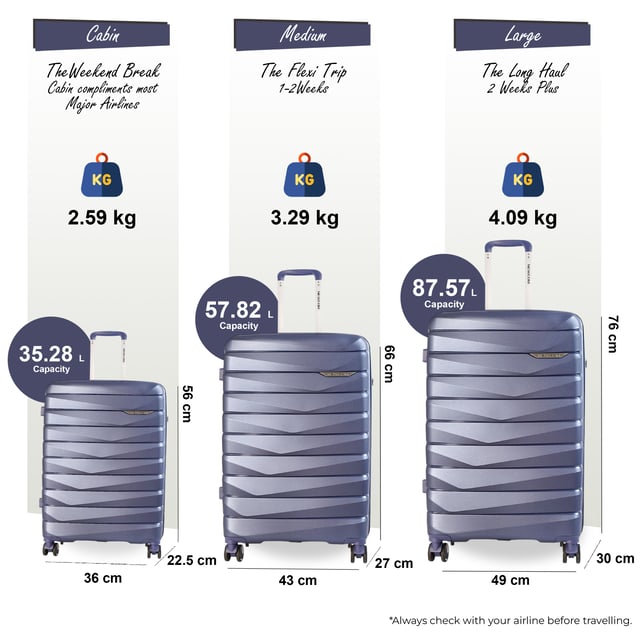 Hard Shell TSA Smoke Blue Strong Suitcase Set 8 Wheel Cabin Luggage Holiday Travel Case Travel in timeless style with our Hard Shell Classic Suitcase Set, designed for both practicality and elegance. Crafted with premium materials, this set is built to meet the needs of frequent travelers, combining robust features with a sleek finish.
Features:
Durable Polypropylene Construction: Lightweight and resilient, offering superior protection for your belongings.
Secure TSA-Approved Lock: Ensures your luggage is travel-compliant and your items are safe during transit.
4x Smooth Dual Wheels: Provides effortless 360° mobility for smooth navigation through airports and crowded areas.
Ergonomic Telescopic Handle: Designed for a comfortable and firm grip during use.
Thoughtful Interior Design: Includes tie-down straps, a zippedivider, and compartments to keep your items neatly organized.
Sizes and Specifications:
Cabin:
Dimensions: 36 x 22.5 x 56 cm
Weight: 2.60 kg
Capacity: 36L
Medium:
Dimensions: 43 x 27 x 66 cm
Weight: 3.30 kg
Capacity: 58L
Large:
Dimensions: 49 x 30 x 76 cm
Weight: 4.10 kg
Capacity: 88L
This classic suitcase set is perfect for any occasion, whether you're embarking on a business trip, a weekend getaway, or a long vacation. With its sturdy build, smooth maneuverability, and secure locking system, you can travel with confidence and ease.
Elevate your travel experience with the perfect combination of style and functionality.