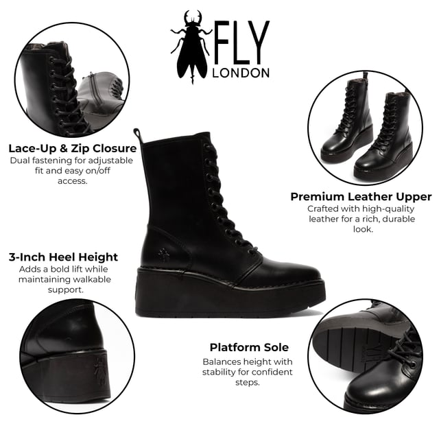 Add bold comfort to your wardrobe with the Fly London HAIT273 ankle boots. Crafted from premium leather and lined with soft microfiber, these lace-up boots are built for everyday wear with a fashion-forward edge. A side zip makes slipping them on easy, while the foam-padded footbed offers cushioned support. Set on a chunky 3-inch rubber wedge platform, they deliver excellent grip, traction, and elevation without sacrificing comfort.

Upper: Premium Leather
Lining: Microfiber
Insole: Foam-padded, microfiber-lined
Sole: Durable Rubber platform
Closure: Lace-up with side zip
Heel Height: 3 inches (approx. 7.6 cm)
Style: Chunky platform ankle boots
Features: Cushioned footbed, great grip & traction, ideal for all-day wear