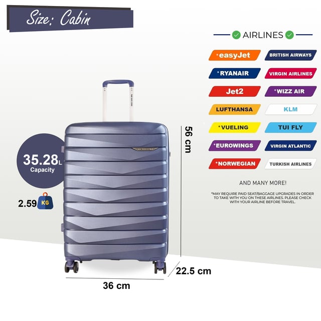 Viaja con un estilo atemporal con nuestra maleta de cabina clásica Hard Shell, diseñada para ser práctica y elegante. Fabricada con materiales de primera calidad, este conjunto está diseñado para satisfacer las necesidades de los viajeros frecuentes, combinando características robustas con un acabado elegante. Características: Construcción duradera de polipropileno: ligera y resistente, que ofrece una protección superior para sus pertenencias. Cerradura segura aprobada por la TSA: garantiza que su equipaje cumpla con los requisitos para viajar y que sus artículos estén seguros durante el tránsito. 4 ruedas dobles suaves: proporciona una movilidad de 360° sin esfuerzo para una navegación fluida por aeropuertos y áreas concurridas. Mango telescópico ergonómico: diseñado para un agarre cómodo y firme durante el uso. Diseño interior cuidadoso: incluye correas de amarre, un divisor con cremallera y compartimentos para mantener sus artículos perfectamente organizados. Tamaño y especificaciones: Cabina: Dimensiones: 36 x 22,5 x 60 cm Peso: 2,60 kg Capacidad: 36 L Esta maleta clásica es perfecta para cualquier ocasión, ya sea que se embarque en un viaje de negocios, una escapada de fin de semana o unas vacaciones. Con su robusta construcción, su fácil manejo y su seguro sistema de cierre, podrá viajar con confianza y facilidad. Mejore su experiencia de viaje con la combinación perfecta de estilo y funcionalidad.