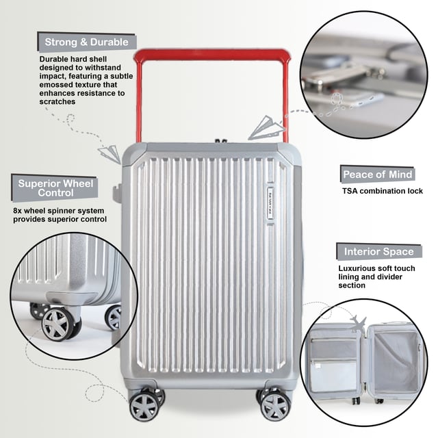 Upgrade your journey with this striking Hard Case Cabin Luggage, combining a sleek, ridged silver exterior with a vibrant red telescopic handle for both style and robust durability, ensuring you're always ready for your next short trip or quick getaway.

Key Features:

Durable Hard Case: Built to withstand the rigors of travel, offering superior protection for your belongings.
Effortless Mobility: Equipped with 360° spinner wheels for smooth, multi-directional gliding through airports and beyond.
Ergonomic Red Handle: A sturdy, adjustable telescopic handle provides a comfortable grip and adds a pop of color.
Integrated Cup Holder: Conveniently designed with a built-in cup holder for easy access to your beverage on the go.
Side Bag Hook: Features an integrated hook for securely carrying shopping bags or other personal items.
Stylish Design: Features a distinctive silver ribbed finish for a modern and sophisticated look.
Travel with confidence and style — this cabin luggage is your reliable companion for any destination.

Size and Specification:
Cabin:
Dimensions: 38 x 24 x 56.5 CM
Weight: 3.17 kg
Capacity: 42.03 L